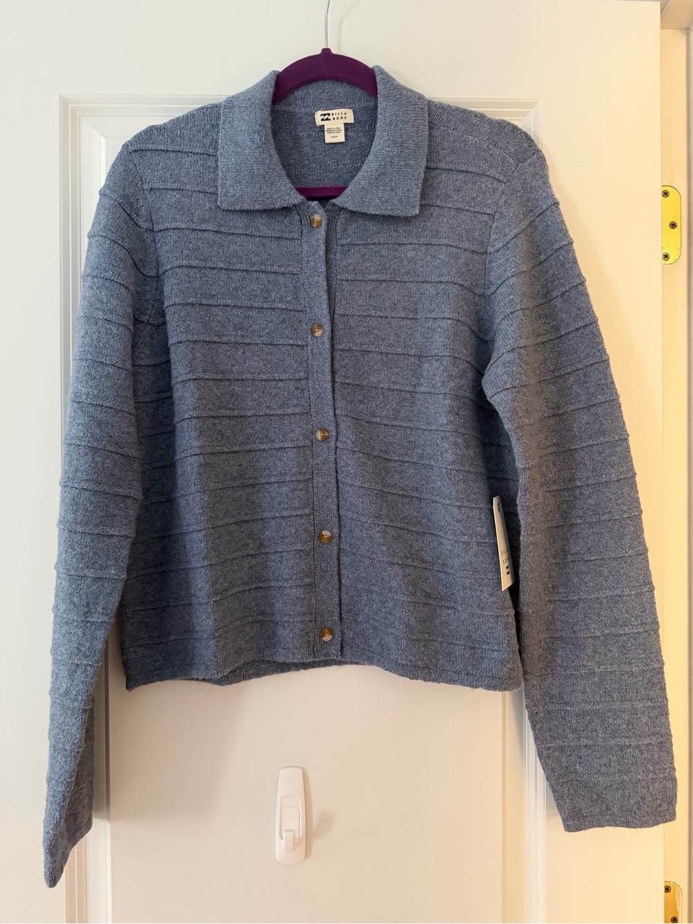 Billabong Ayla Sky Sweater Stone Blue Button Front Cardigan Size L NWT